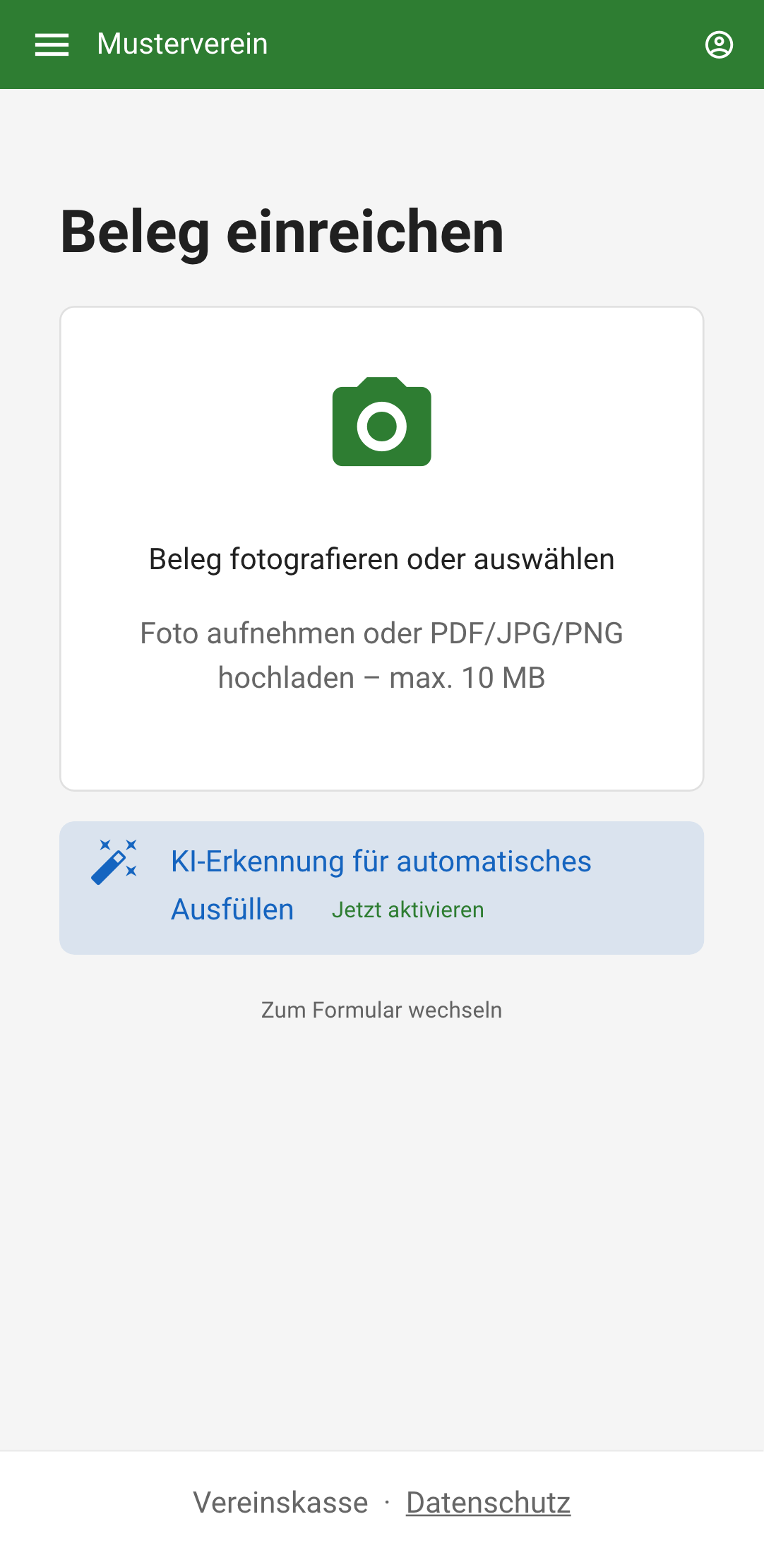 Belegeinreichung am Smartphone — Formular
