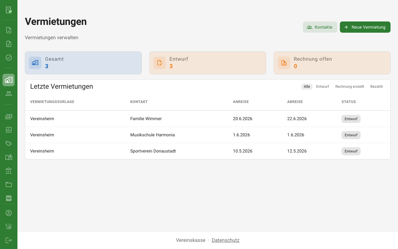Vermietungsverwaltung in Vereinskasse